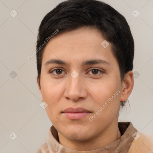 Joyful white young-adult female with short  brown hair and brown eyes