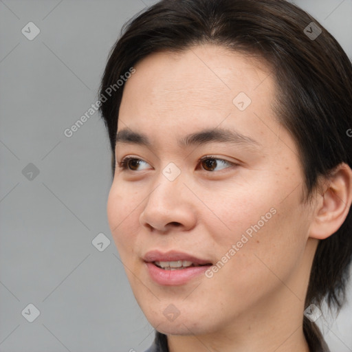 Joyful white young-adult male with medium  brown hair and brown eyes