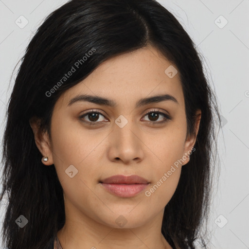 Joyful asian young-adult female with long  brown hair and brown eyes