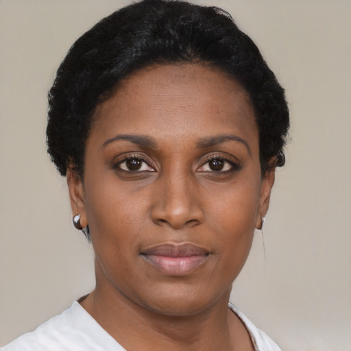 Neutral black young-adult female with short  black hair and brown eyes