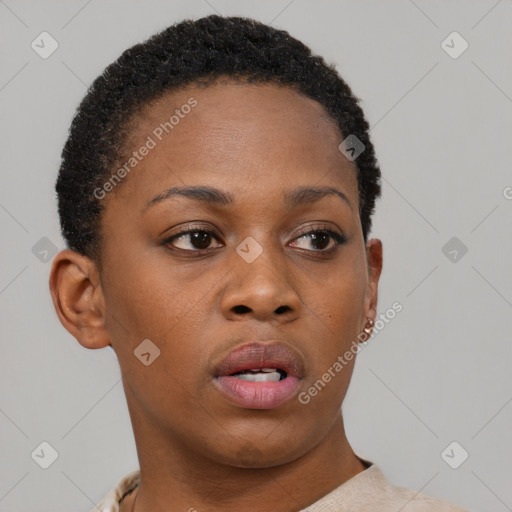 Neutral black young-adult female with short  brown hair and brown eyes