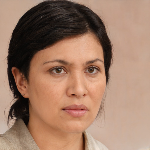 Neutral white adult female with medium  brown hair and brown eyes