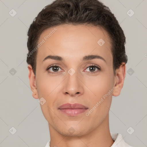 Joyful white young-adult female with short  brown hair and brown eyes