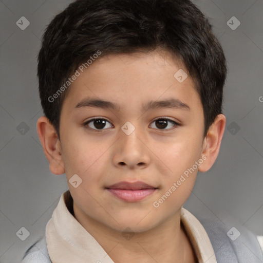 Joyful white child male with short  brown hair and brown eyes