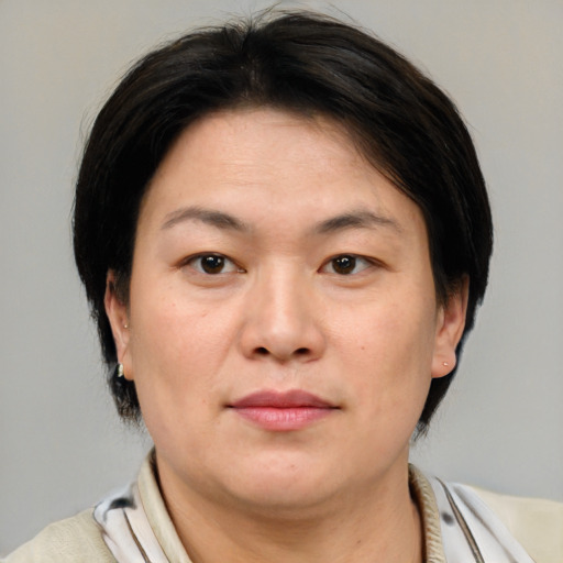Joyful asian adult female with medium  brown hair and brown eyes