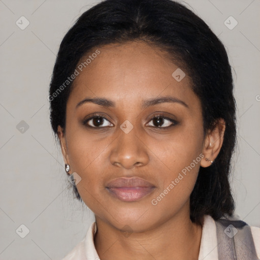 Neutral latino young-adult female with medium  black hair and brown eyes