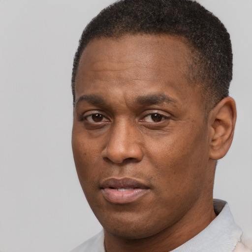 Neutral black adult male with short  brown hair and brown eyes
