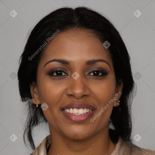 Joyful black young-adult female with medium  brown hair and brown eyes