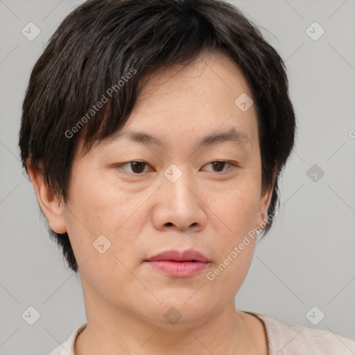 Neutral white adult female with short  brown hair and brown eyes