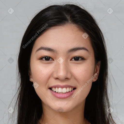 Joyful white young-adult female with long  brown hair and brown eyes