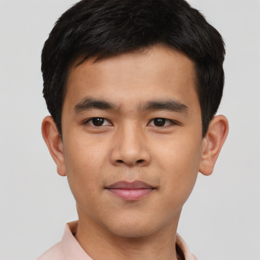 Neutral asian young-adult male with short  brown hair and brown eyes