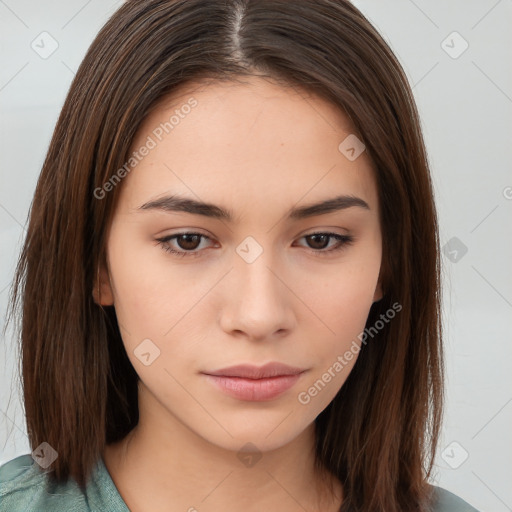 Neutral white young-adult female with long  brown hair and brown eyes