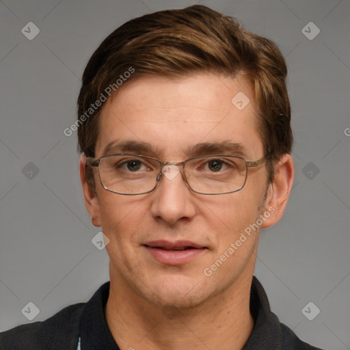 Joyful white adult male with short  brown hair and grey eyes