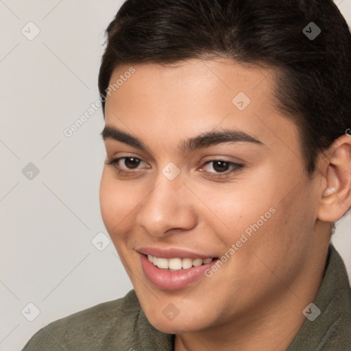 Joyful white young-adult female with short  brown hair and brown eyes