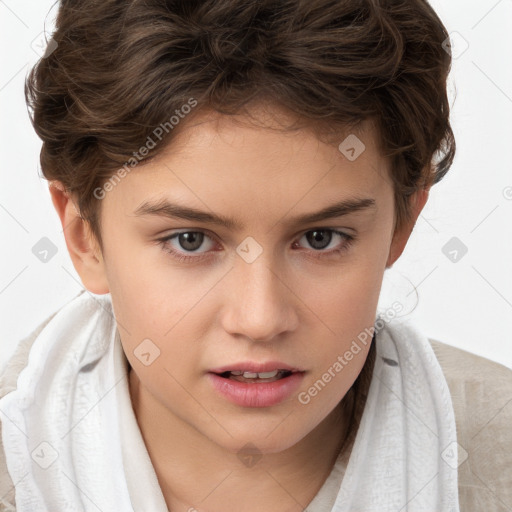 Joyful white child female with medium  brown hair and brown eyes