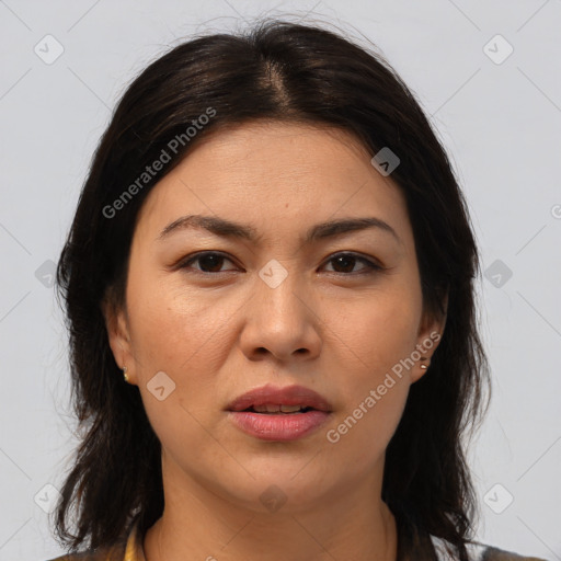 Joyful white adult female with medium  brown hair and brown eyes