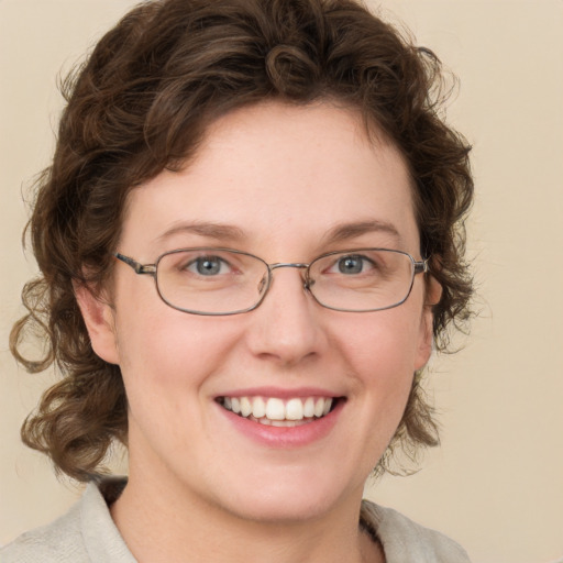 Joyful white adult female with medium  brown hair and blue eyes