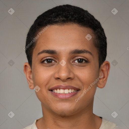 Joyful latino young-adult female with short  brown hair and brown eyes