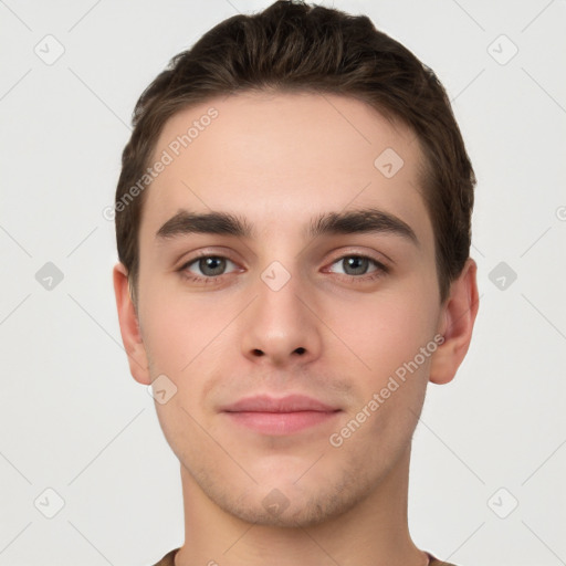 Neutral white young-adult male with short  brown hair and brown eyes