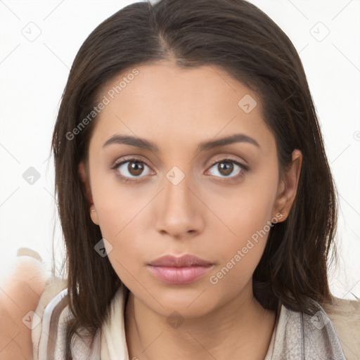 Neutral white young-adult female with long  brown hair and brown eyes