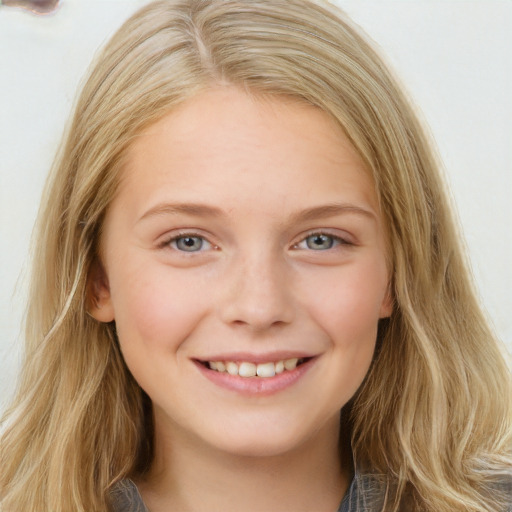 Joyful white young-adult female with long  brown hair and blue eyes