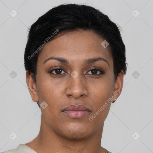 Neutral latino young-adult female with short  black hair and brown eyes
