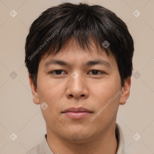 Neutral asian young-adult male with short  brown hair and brown eyes