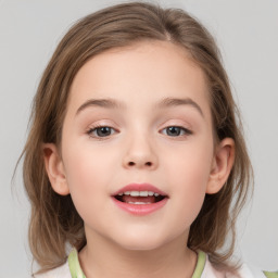 Joyful white child female with medium  brown hair and brown eyes