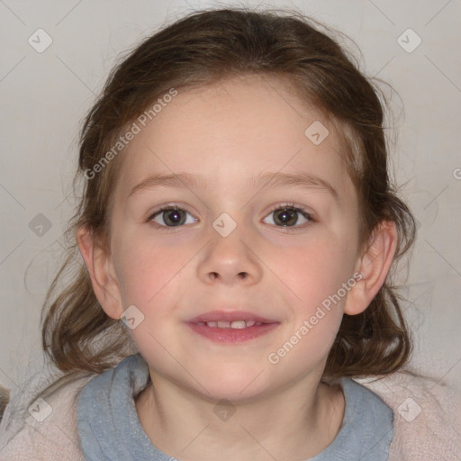 Joyful white child female with medium  brown hair and blue eyes