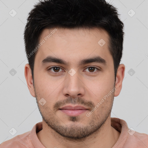 Neutral white young-adult male with short  brown hair and brown eyes