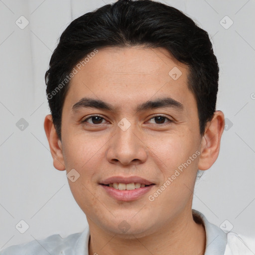 Joyful asian young-adult male with short  brown hair and brown eyes