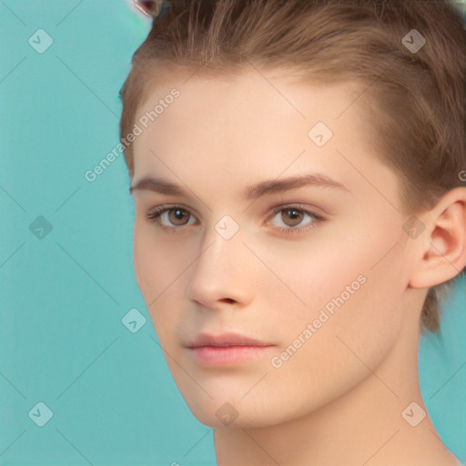 Neutral white young-adult female with short  brown hair and brown eyes