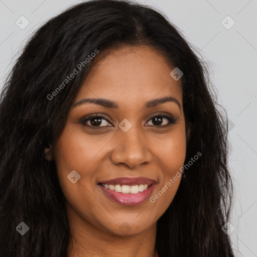 Joyful latino young-adult female with long  brown hair and brown eyes