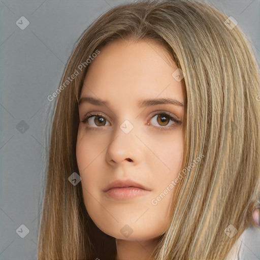 Neutral white young-adult female with long  brown hair and brown eyes