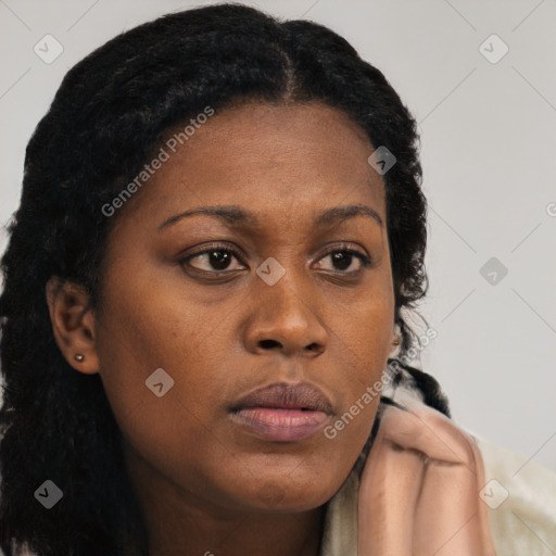 Neutral black young-adult female with long  brown hair and brown eyes