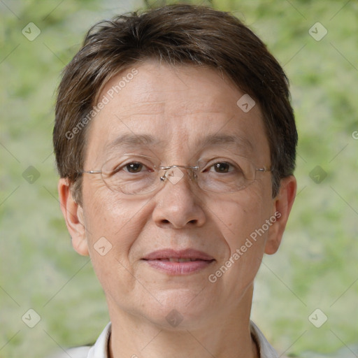 Joyful white middle-aged male with short  brown hair and brown eyes