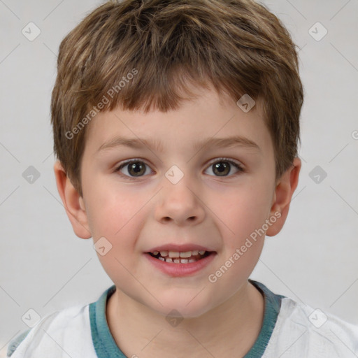 Joyful white child male with short  brown hair and brown eyes