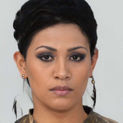 Neutral asian young-adult female with short  black hair and brown eyes