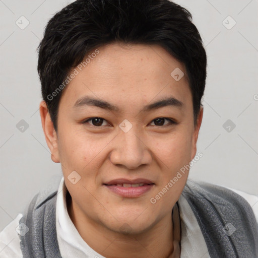 Joyful asian young-adult male with short  brown hair and brown eyes