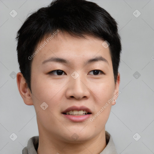 Joyful asian young-adult female with short  brown hair and brown eyes