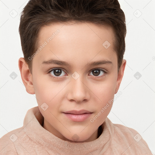 Joyful white child female with short  brown hair and brown eyes