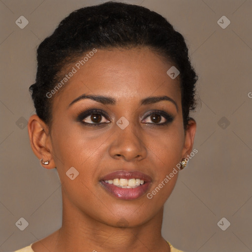 Joyful black young-adult female with short  brown hair and brown eyes