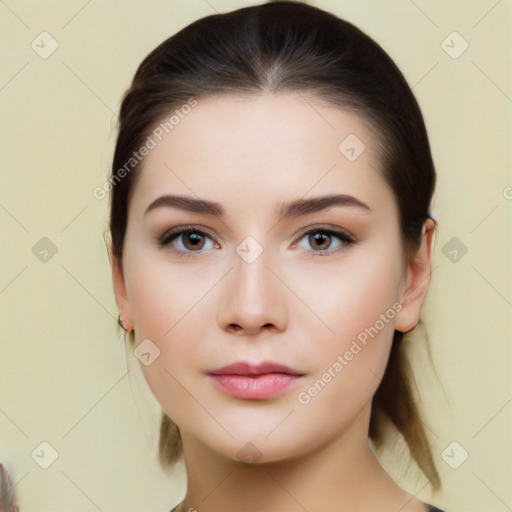 Neutral white young-adult female with long  brown hair and brown eyes