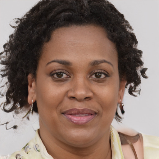 Joyful black adult female with medium  brown hair and brown eyes