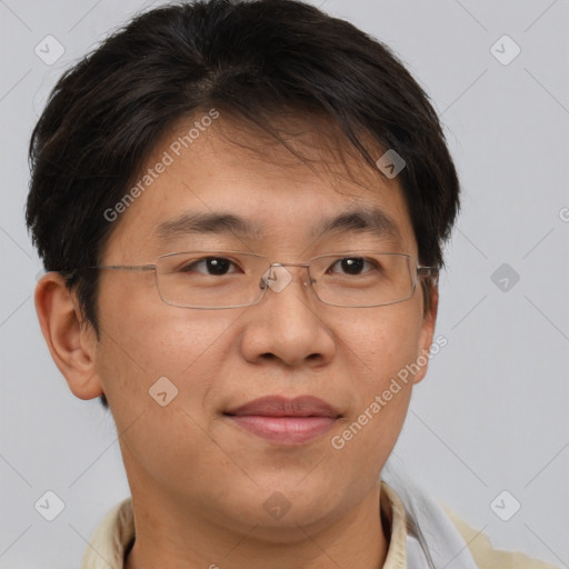 Joyful asian adult male with short  brown hair and brown eyes