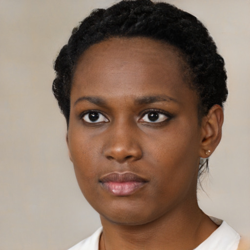 Neutral black young-adult female with short  black hair and brown eyes