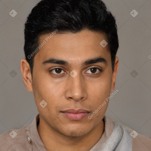 Neutral latino young-adult male with short  black hair and brown eyes