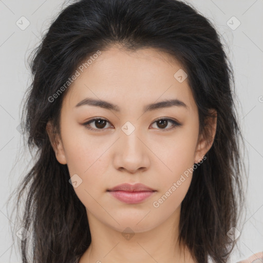 Neutral asian young-adult female with long  brown hair and brown eyes