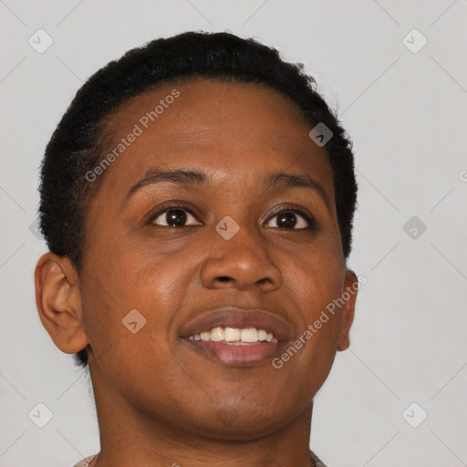 Joyful black young-adult female with short  brown hair and brown eyes