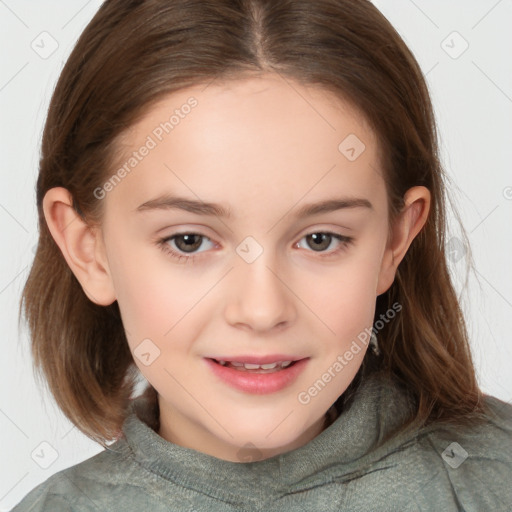 Joyful white child female with medium  brown hair and brown eyes